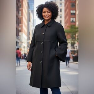 Louben Vintage Elegant Wool Cashmere Blend Flare Sleeve Black Chic Trench Coat